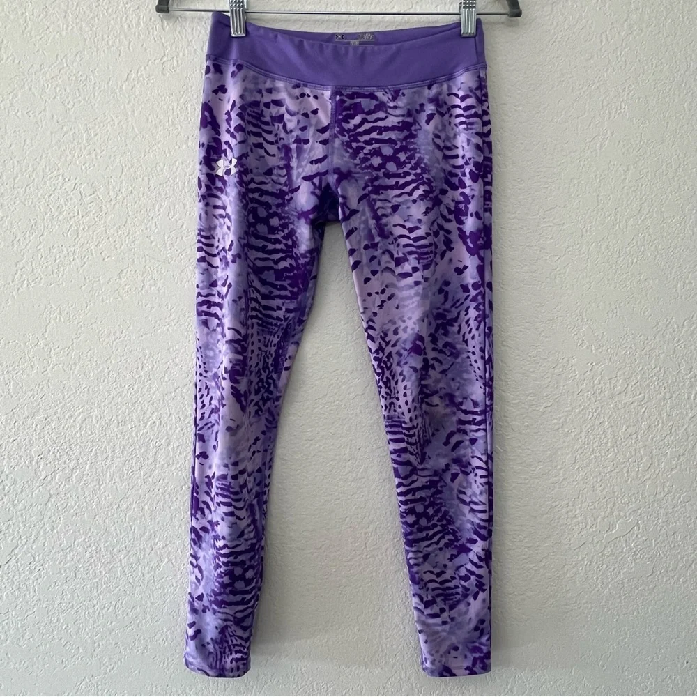 Under Armour HeatGear Purple Camo Printed Leggings, Ankle Crop Girls’ Size Large